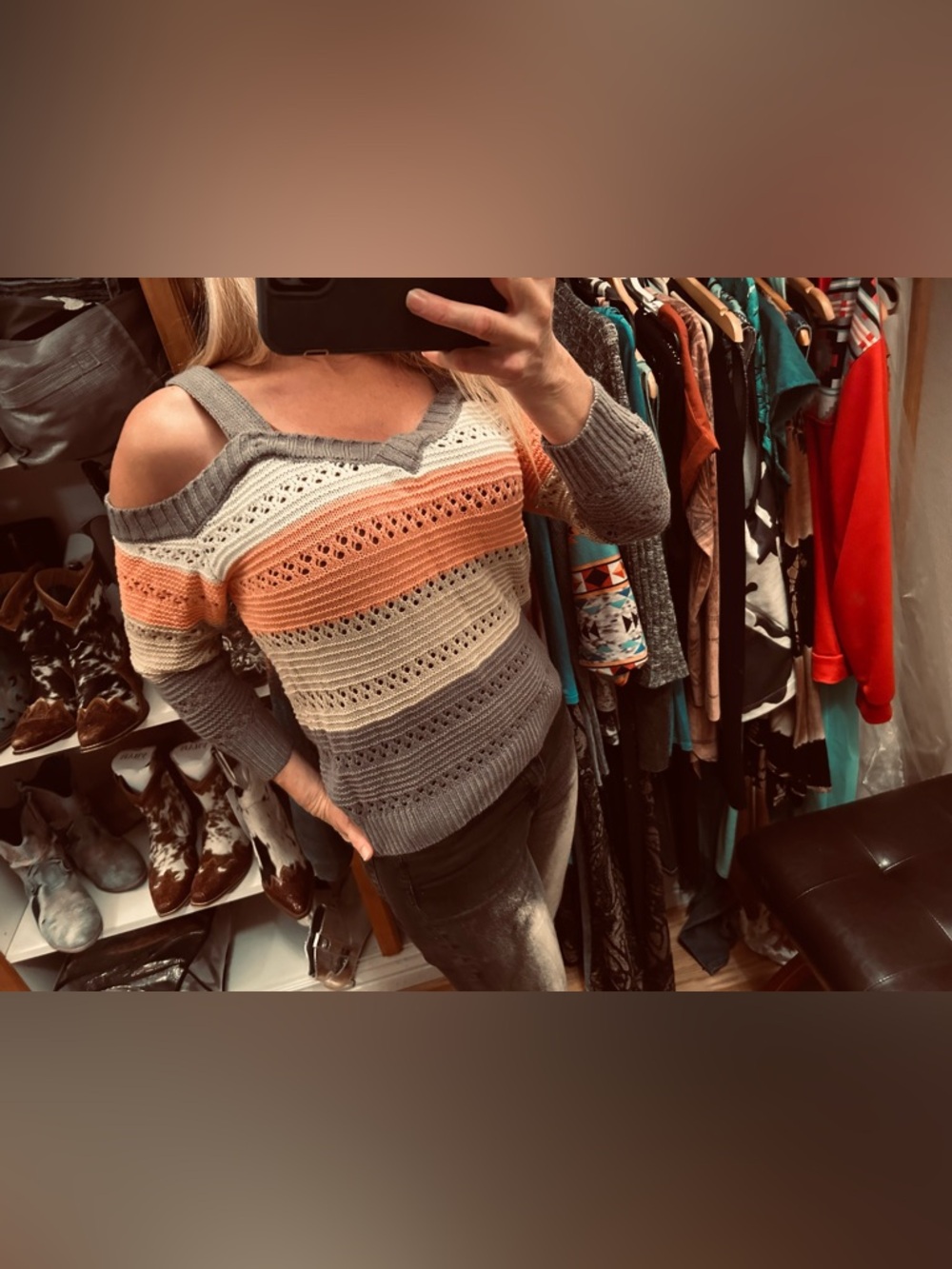 Cold-Shoulder Striped Knit Sweater that is figure fitting